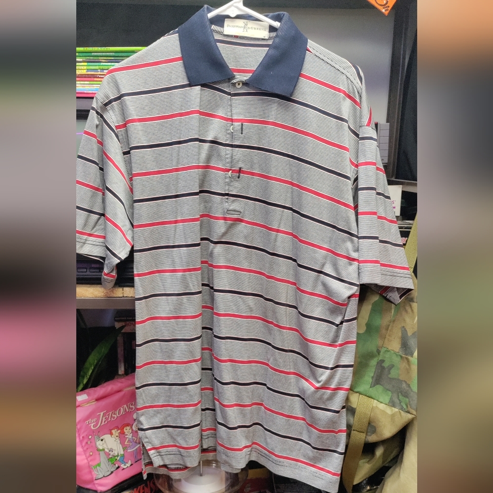 Fairway & Greene polo golf shirt size M Navy in color with Red stripes